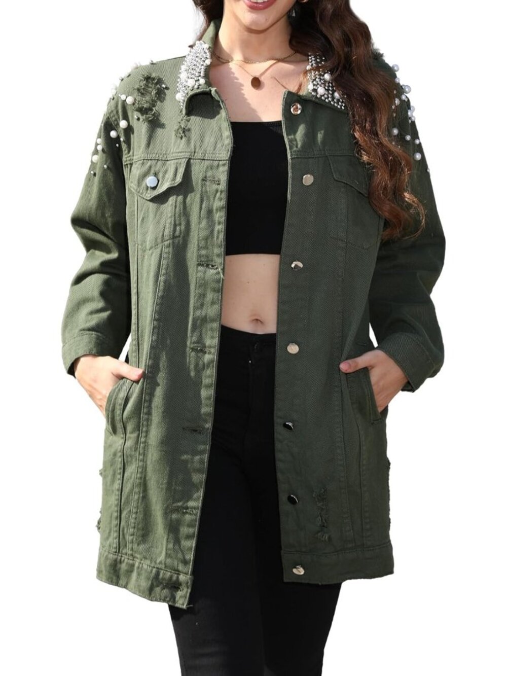 Women’s Green Long Sleeve Denim Jacket Pearl Button Down Imported Boyfriend Coat